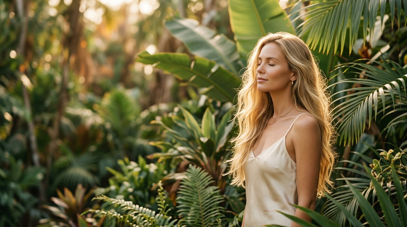 Woman in a tropical garden — Prestige Wellness Co